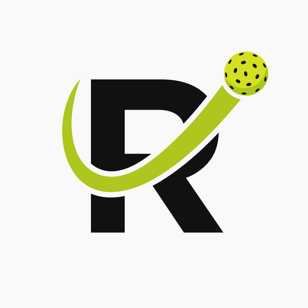 lettera r pickleball logo concetto con in movimento salamoia palla simbolo. salamoia palla logotipo vettore