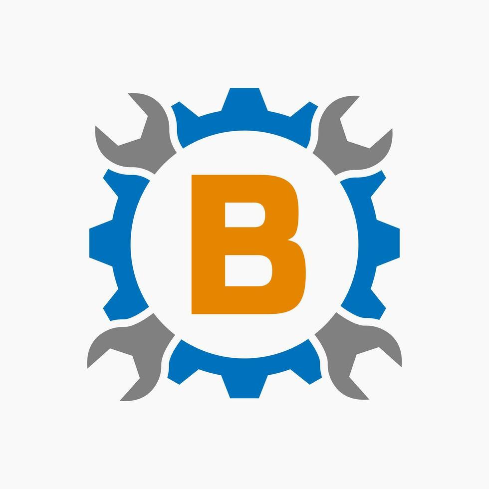 lettera B riparazione logo Ingranaggio tecnologia simbolo. costruzione servizio logo design vettore