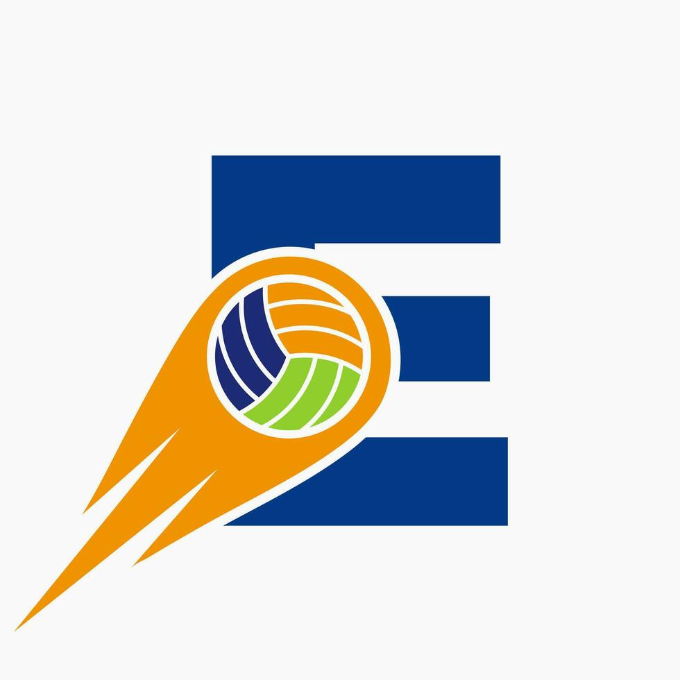 lettera e pallavolo logo concetto con in movimento volley palla icona. pallavolo gli sport logotipo modello vettore