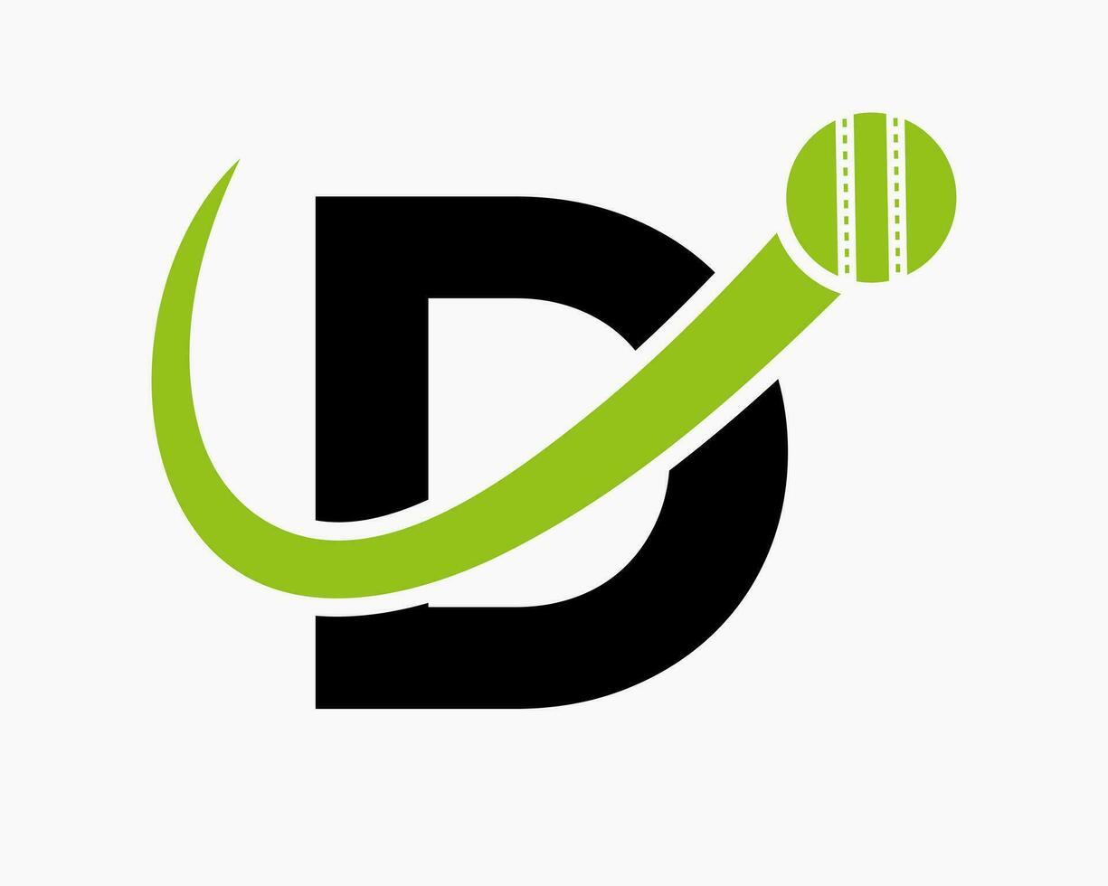 lettera d cricket logo concetto con in movimento palla icona per cricket club simbolo. giocatore di cricket cartello vettore
