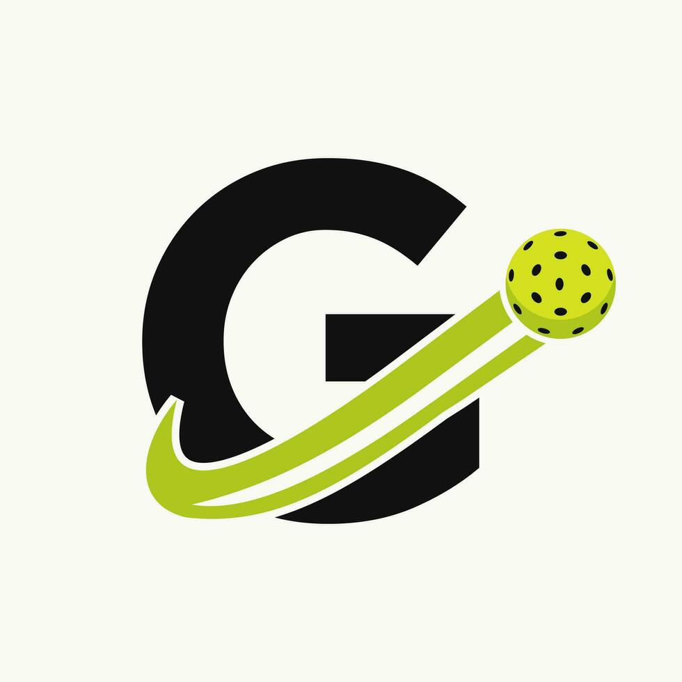 lettera g pickleball logo concetto con in movimento salamoia palla simbolo. salamoia palla logotipo vettore