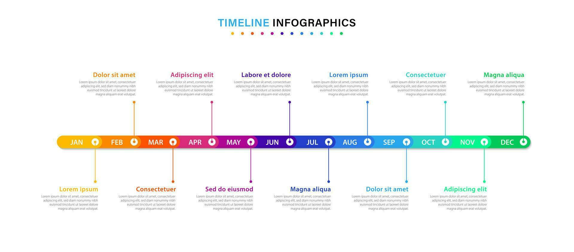 Infografica sequenza temporale modello per 1 anno. attività commerciale Infografica sequenza temporale design con 12 passaggi o opzioni. può essere Usato per flussi di lavoro, calendario layout, diagrammi, presentazioni. vettore illustrazione