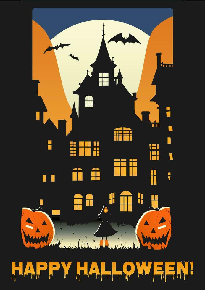 Halloween festa manifesto, vettore celebrazione striscione, saluto, invito con Halloween vacanza con raccapricciante Casa silhouette, strega, zucche, Luna e pipistrelli intorno a.