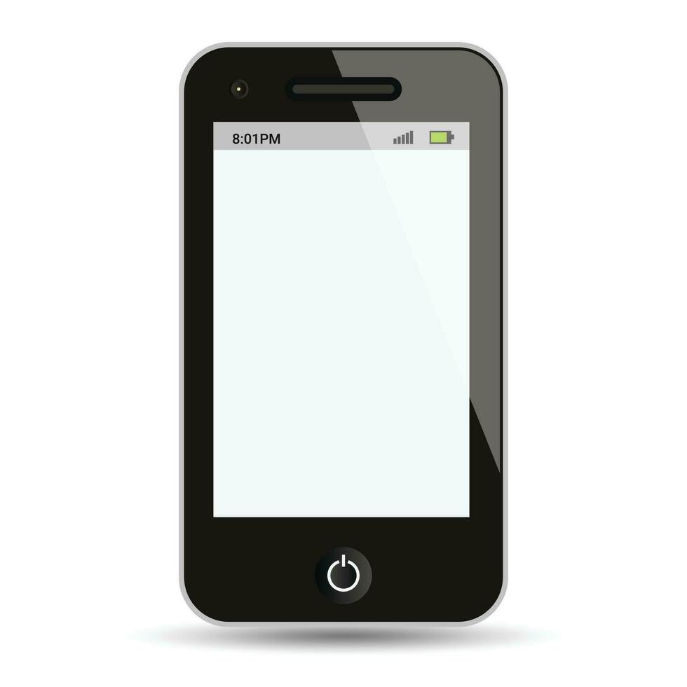 3d realistico smartphone, androide Telefono, toccare schermo, vuoto schermo, volta, batteria, mobile segnale, dispositivo ui UX per presentazione modello, cellulare isolato su bianca sfondo vettore