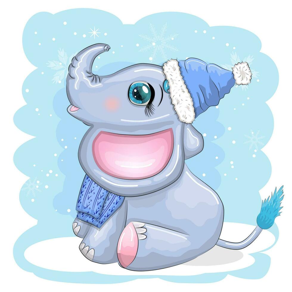 carino cartone animato elefante, infantile personaggio con bellissimo occhi indossare Santa cappello, sciarpa, Tenere regalo, Natale palla vettore