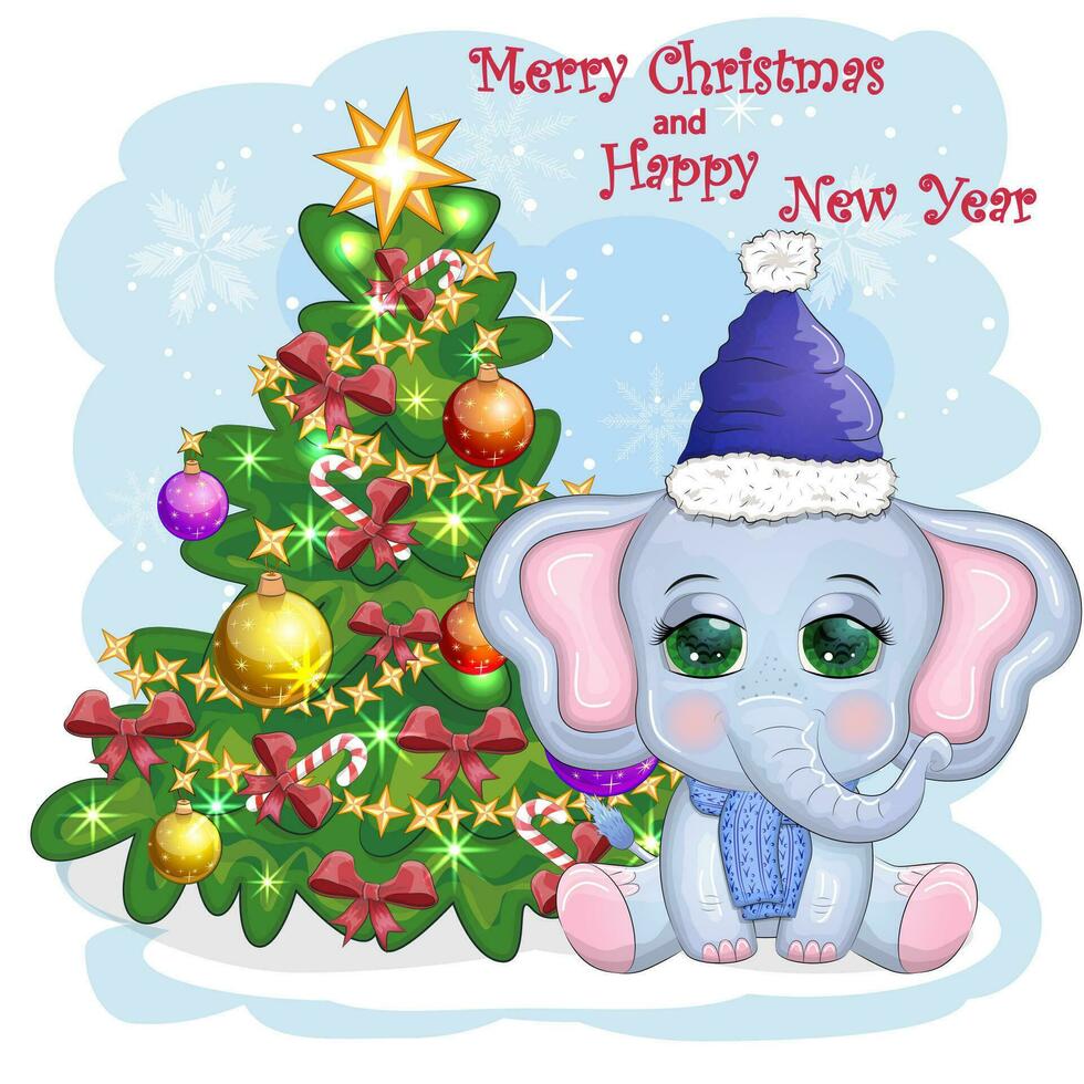 carino cartone animato elefante, infantile personaggio nel Santa cappello con regalo, Natale palla o caramella canna vicino Natale albero vettore