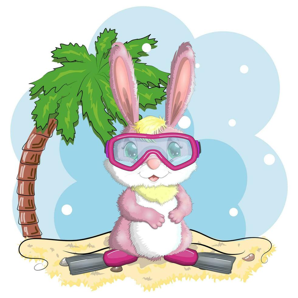 carino coniglio, lepre nel un' estate cappello e nuotare squillo, pinne. spiaggia, vacanza, vacanza concetto. simbolo di 2023. vettore