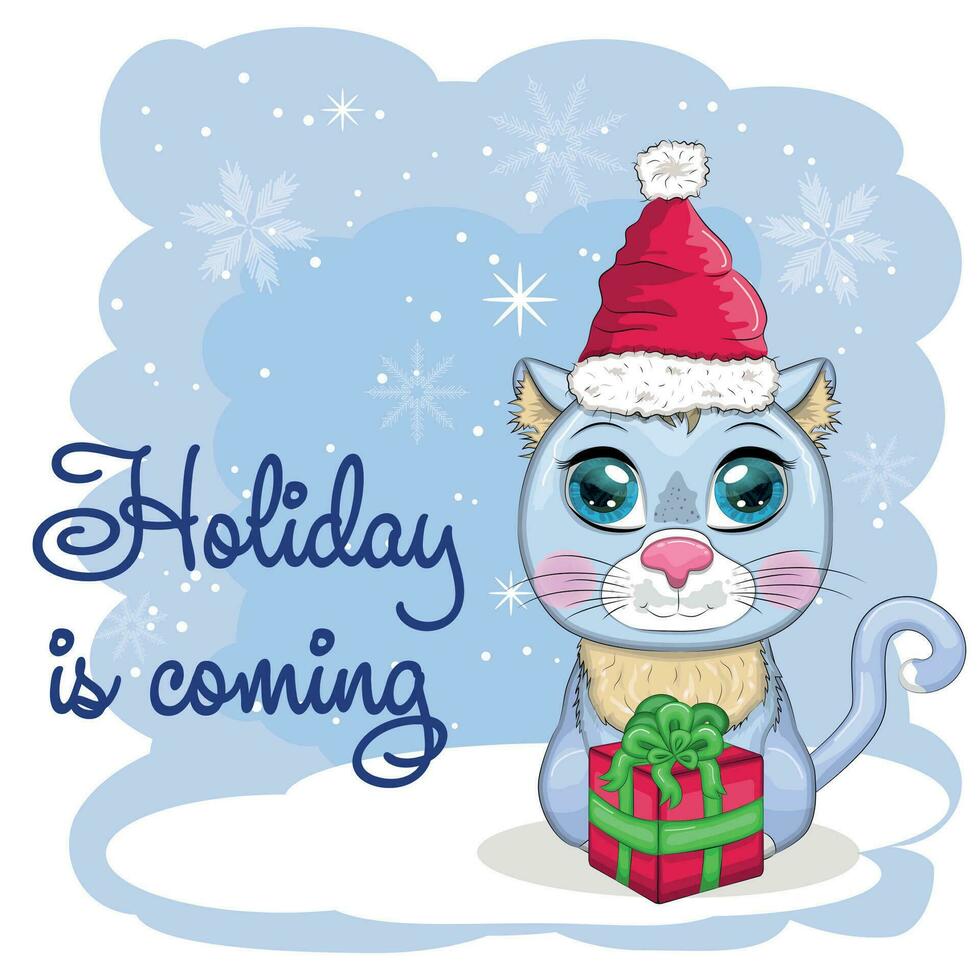 carino cartone animato gatto nel un' Santa cappello su un' sfondo di neve. inverno 2023, Natale e Cinese nuovo anno. vettore