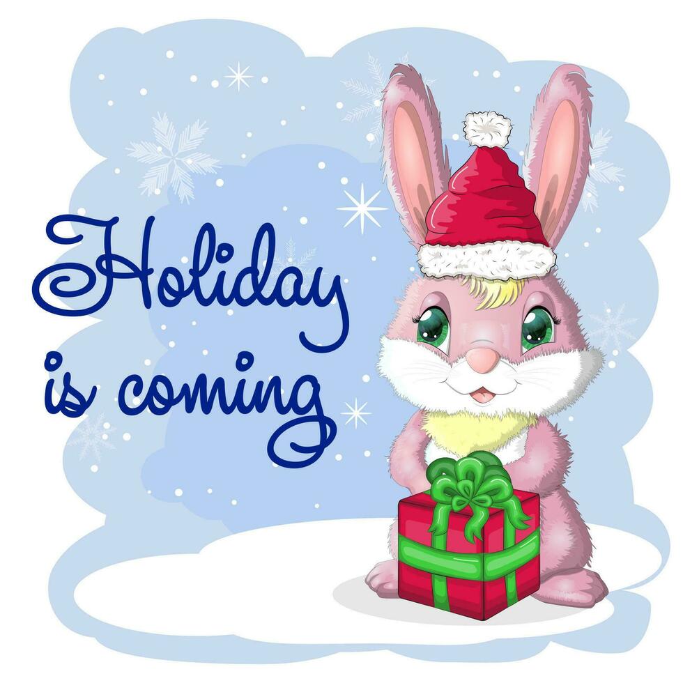 carino cartone animato coniglio nel un' Santa cappello su un' sfondo di neve. inverno 2023, Natale e nuovo anno vettore