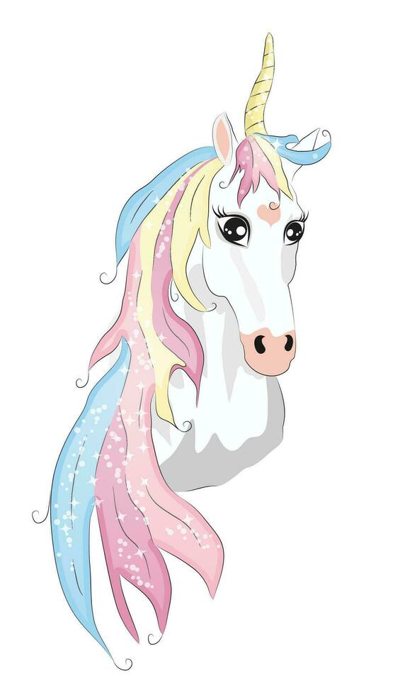 bianca unicorno illustrazione per bambini design. arcobaleno capelli. isolato. carino fantasia animale. vettore