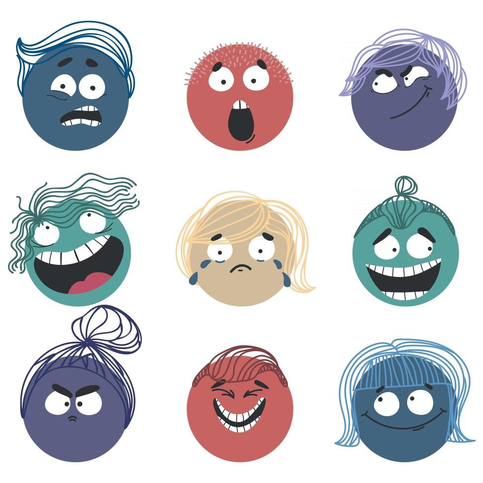 set di personaggi colorati con facce emoji con capelli diversi vettore