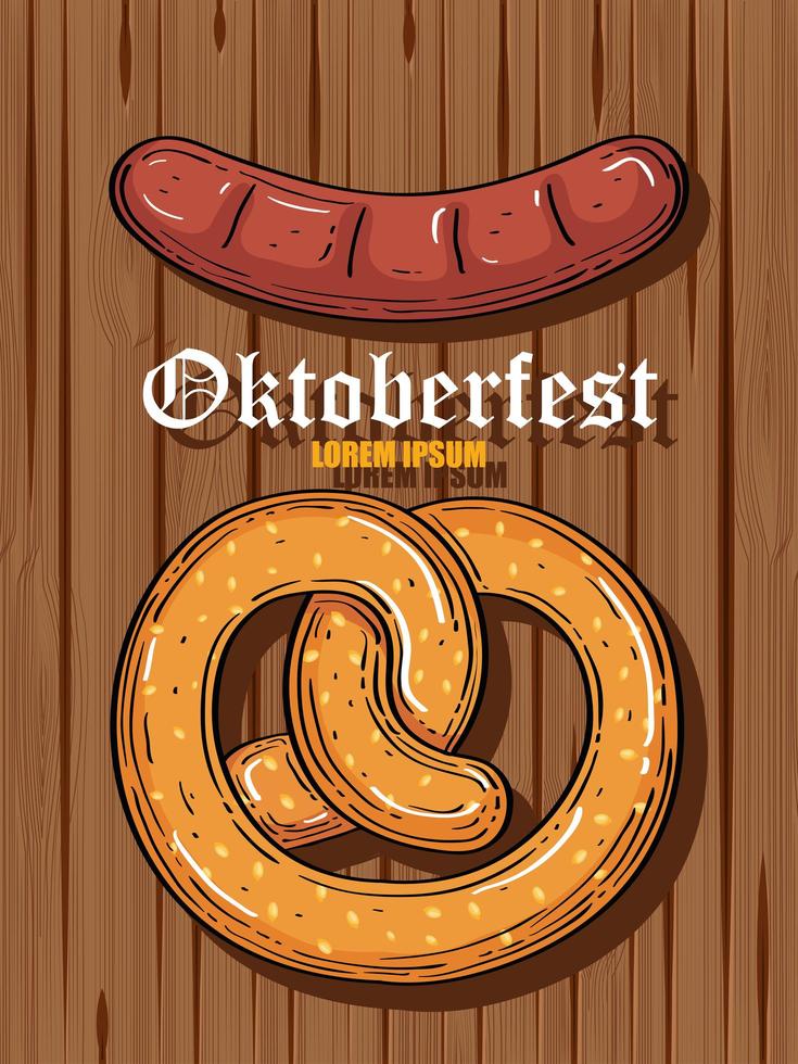 celebrazione del festival della birra oktoberfest con pretzel e salsiccia sullo sfondo di legno vettore