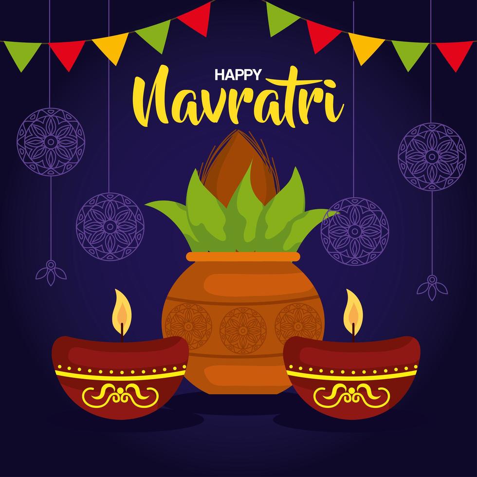 poster di celebrazione felice navratri con pianta in ceramica e candele vettore