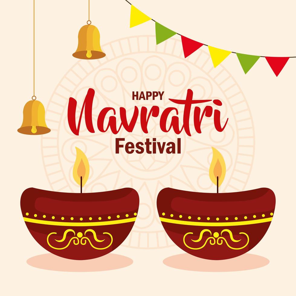 poster di celebrazione felice navratri con candele in vaso di ceramica e decorazione vettore