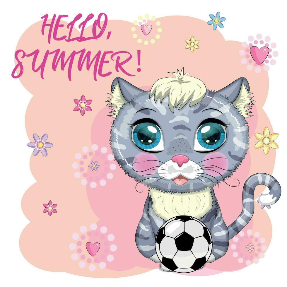 cartone animato gatto con un' calcio sfera. estate, vacanza. carino bambino carattere, simbolo di 2023 nuovo Cinese anno vettore