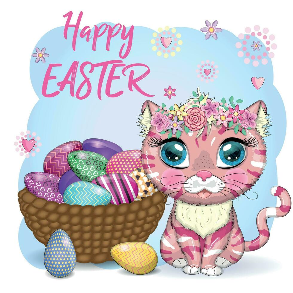 carino cartone animato gatto vicino un' bellissimo Pasqua cestino pieno di uova. contento Pasqua carta vettore