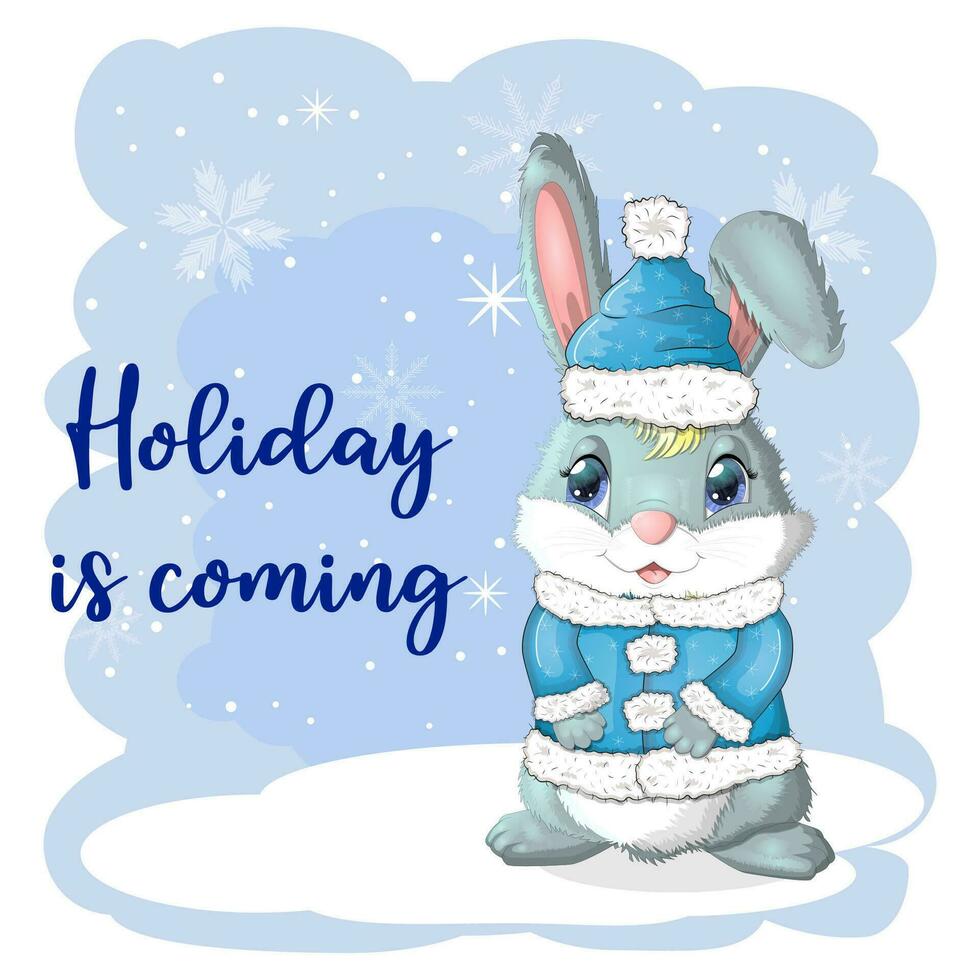 carino cartone animato coniglio nel un' Santa cappello su un' sfondo di neve. inverno 2023, Natale e nuovo anno vettore