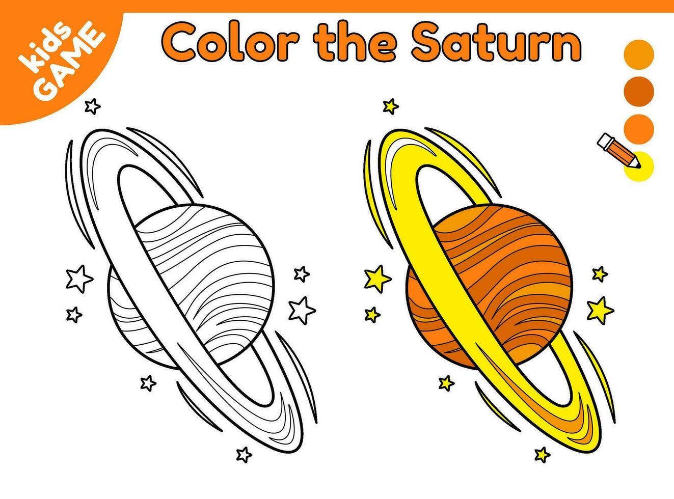 pagina di colorazione libro per bambini. colore cartone animato il Saturno nel spazio. schema pianeta di solare sistema. attività per prescolastico e scuola bambini. nero e bianca e colorato illustrazione. vettore design.