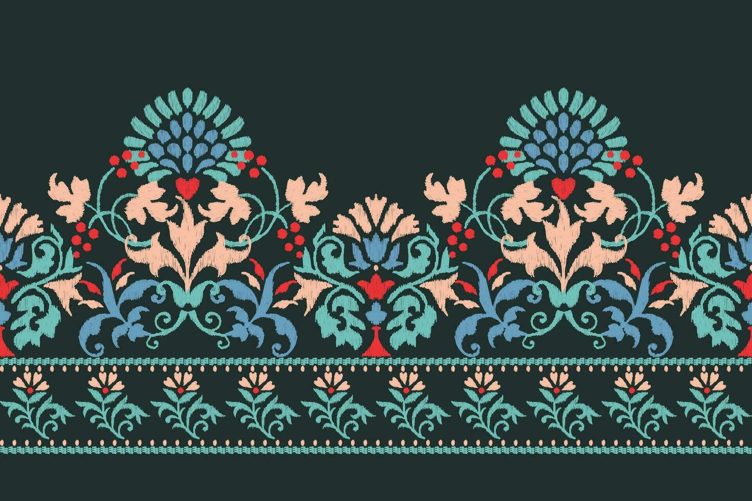 ikat floreale paisley ricamo su buio verde sfondo.ikat etnico orientale modello tradizionale.azteco stile astratto vettore illustrazione.disegno per trama, tessuto, abbigliamento, avvolgimento, decorazione, pareo.