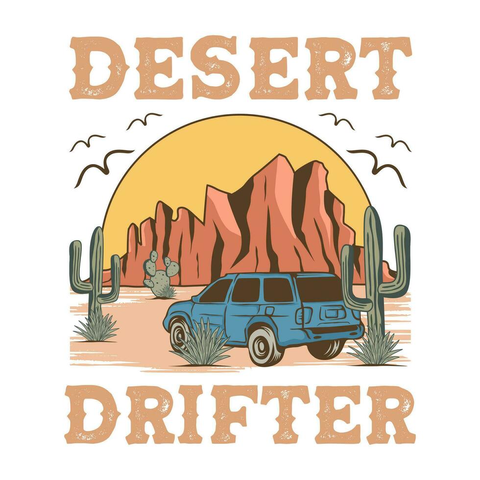 deserto vagabondo, camper avventura vettore illustrazione maglietta disegno, occidentale natura logo distintivo