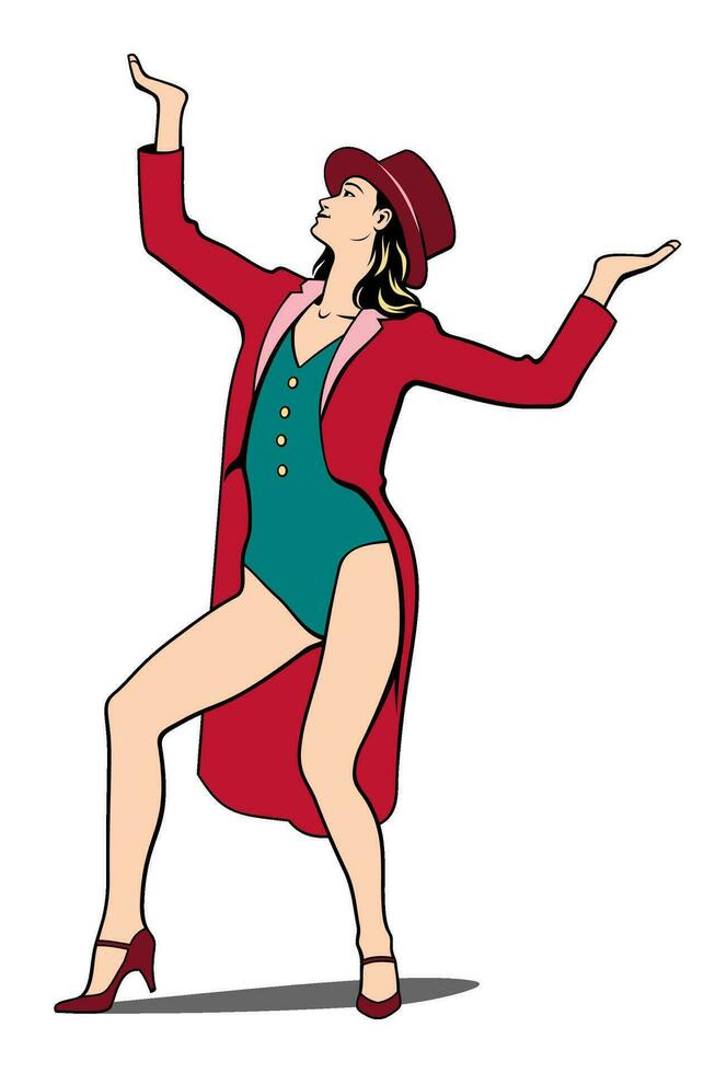 showgirl. donna nel frac e superiore cappello ballando. realistico cartone animato vettore clipart isolato su bianca.