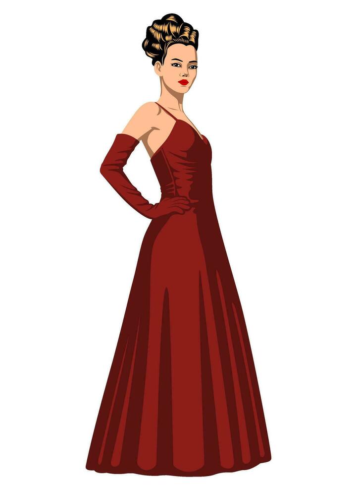 donna nel il lungo rosso vestire. vettore clipart isolato su bianca.