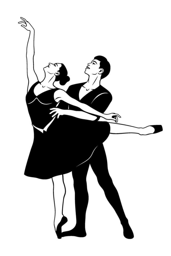 balletto ballerini silhouette. uomo e donna nel classico balletto posa. vettore clipart isolato su bianca.