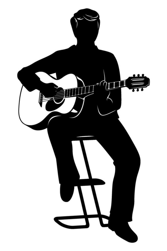 silhouette di seduta uomo giocando su acustico chitarra. vettore clipart isolato su bianca.