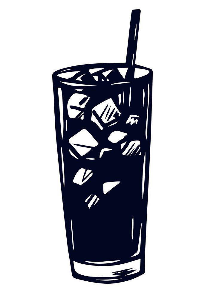 estate rinfrescante bevanda con Ghiaccio. freddo Coca Cola con ghiaccio nel bicchiere. grafico mano disegnato vettore schizzo