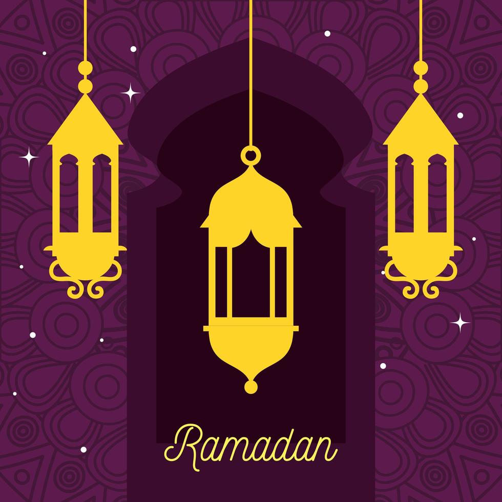 poster di ramadan kareem con lanterne appese vettore