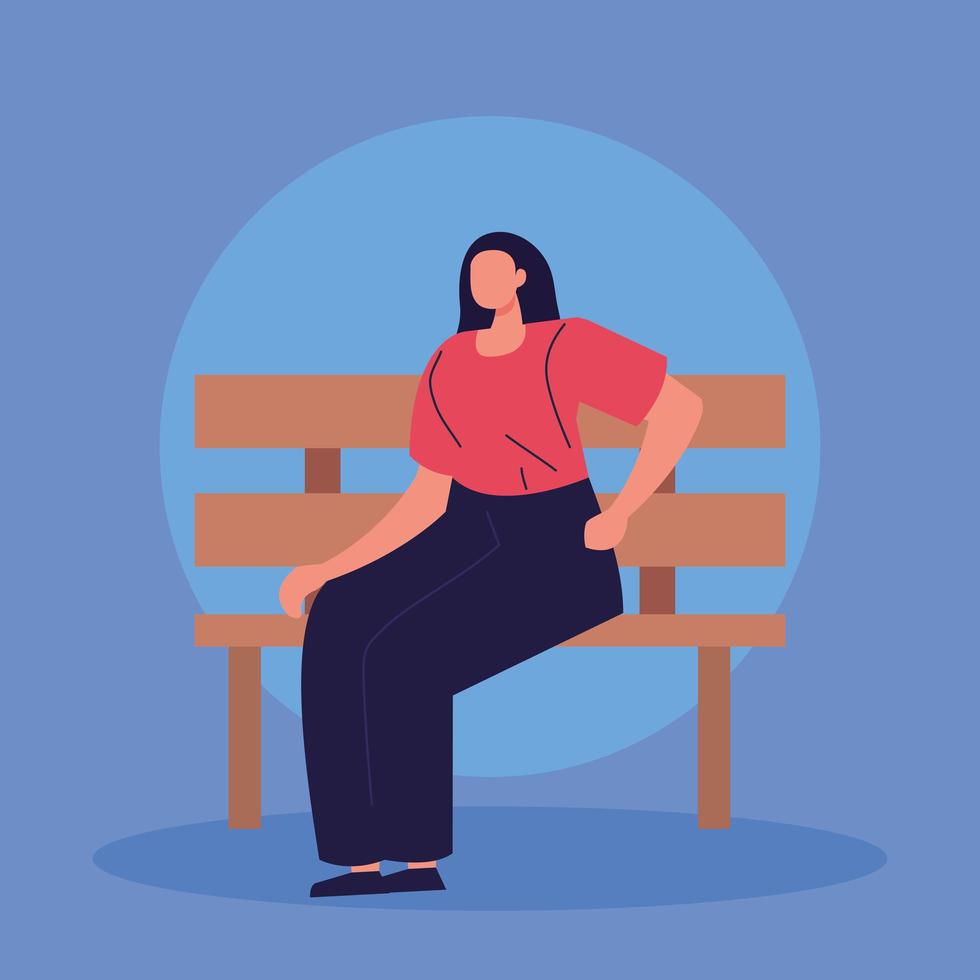 donna seduta in una panchina di legno del parco vettore