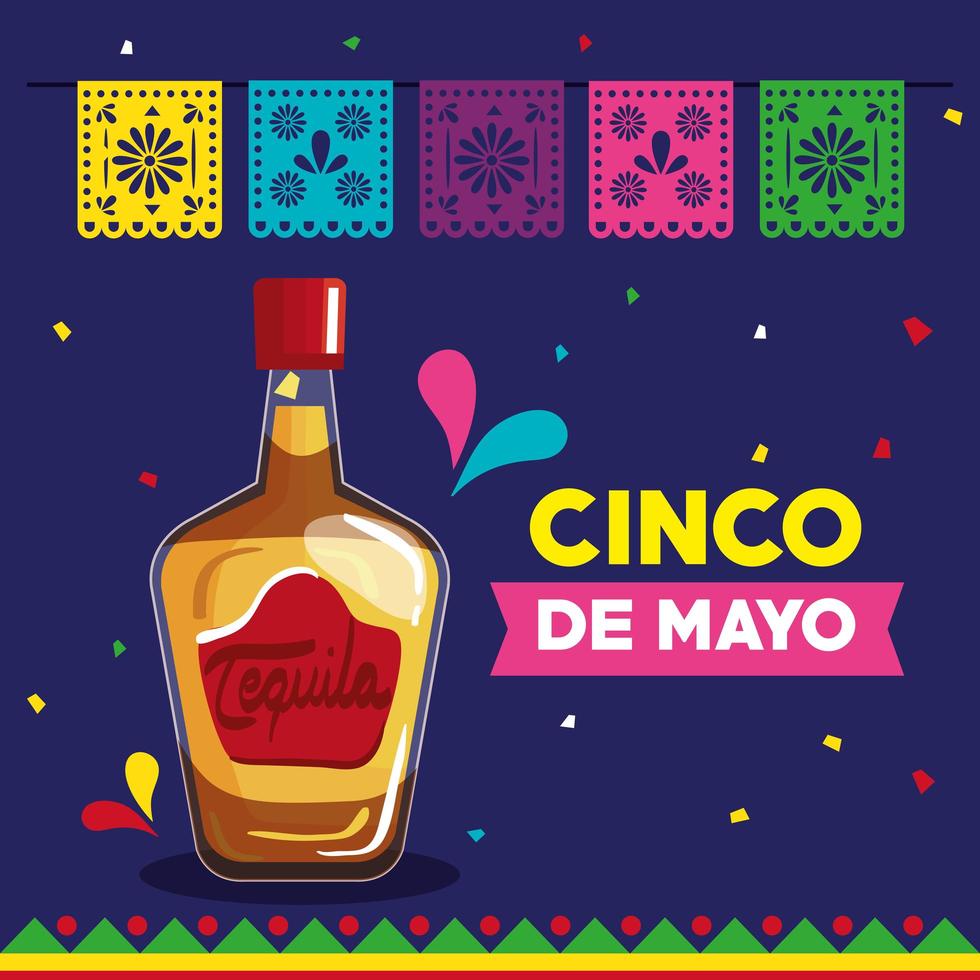 poster di cinco de mayo con bottiglia di tequila e decorazione vettore