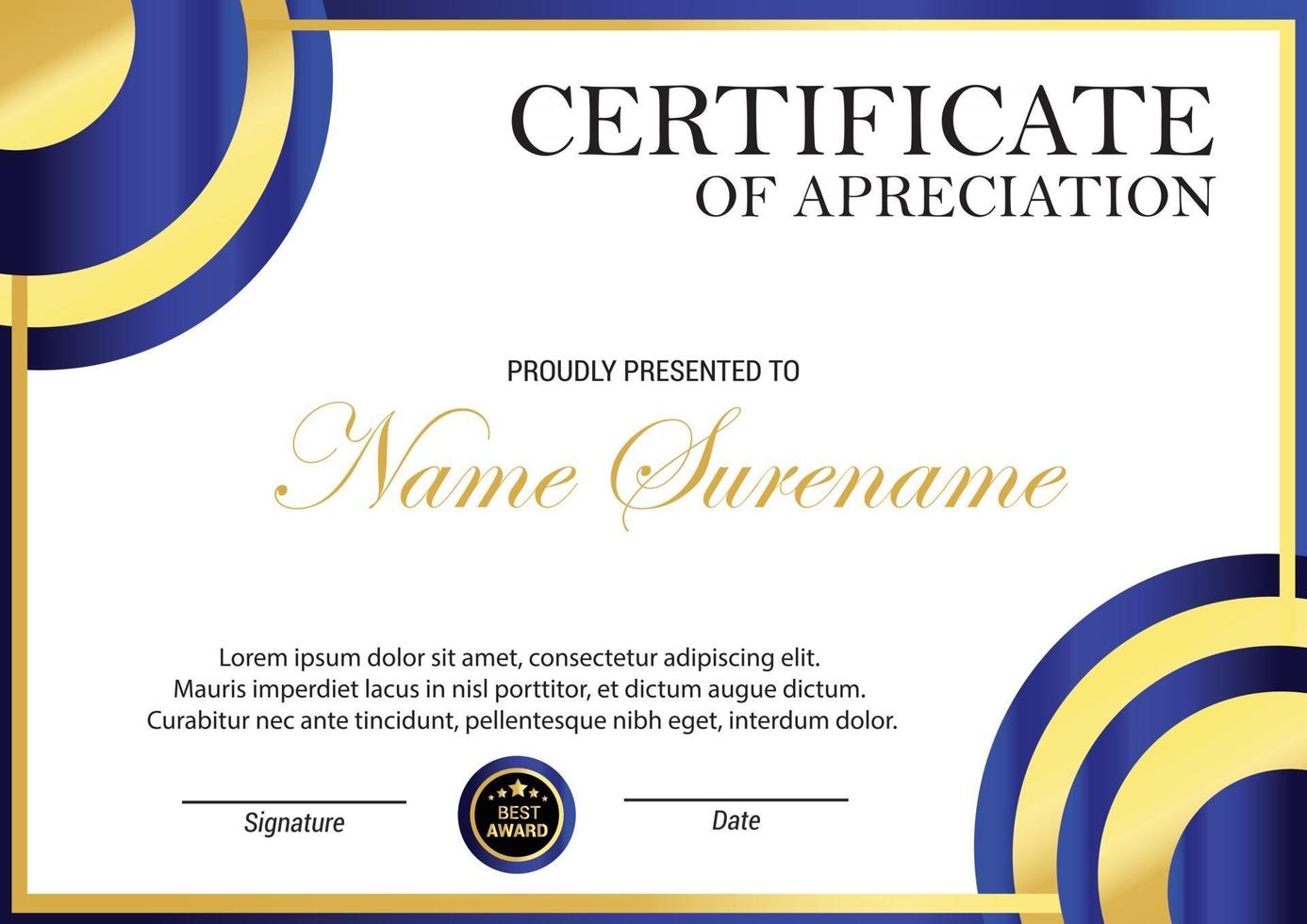 modello di certificato di apprezzamento del premio diploma professionale in stile blu oro vettore