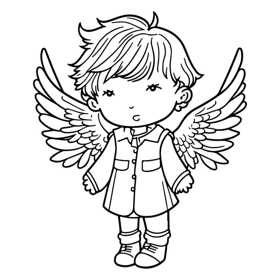carino ragazzo angelo cartone animato vettore schema. ragazzo con angelo Ali vettore.