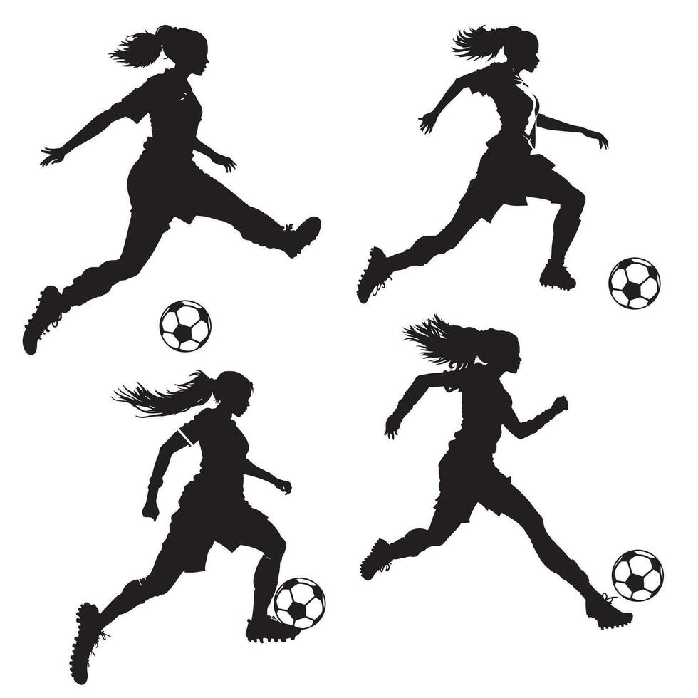 sagome di Giocatori. femmina calcio silhouette, femmina calcio giocatore silhouette vettore