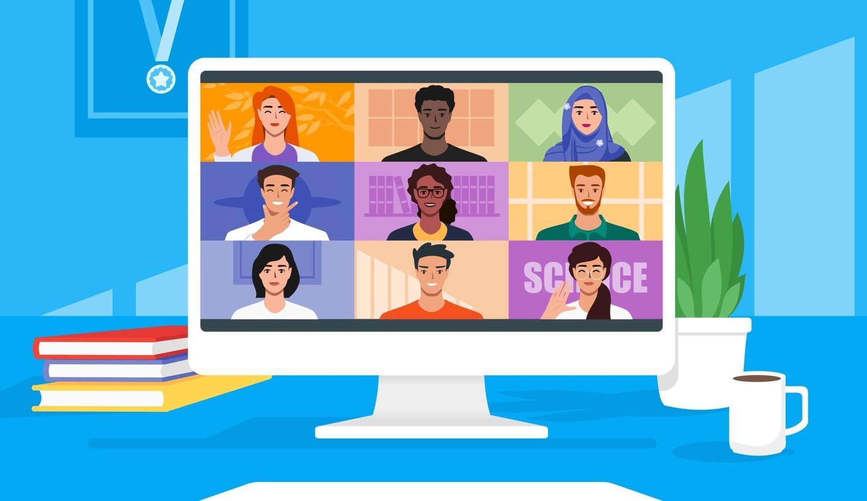 videoconferenza multiculturale per riunioni virtuali online vettore