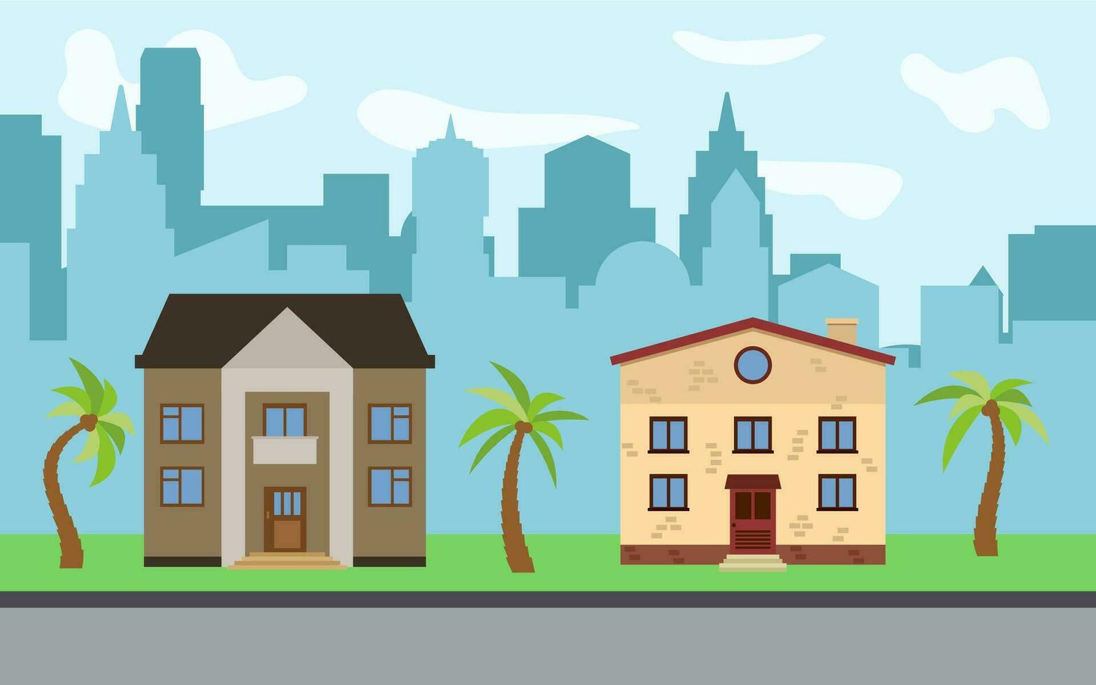 vettore città con Due due storie cartone animato case e palma alberi nel il soleggiato giorno. estate urbano paesaggio. strada Visualizza con paesaggio urbano su un' sfondo