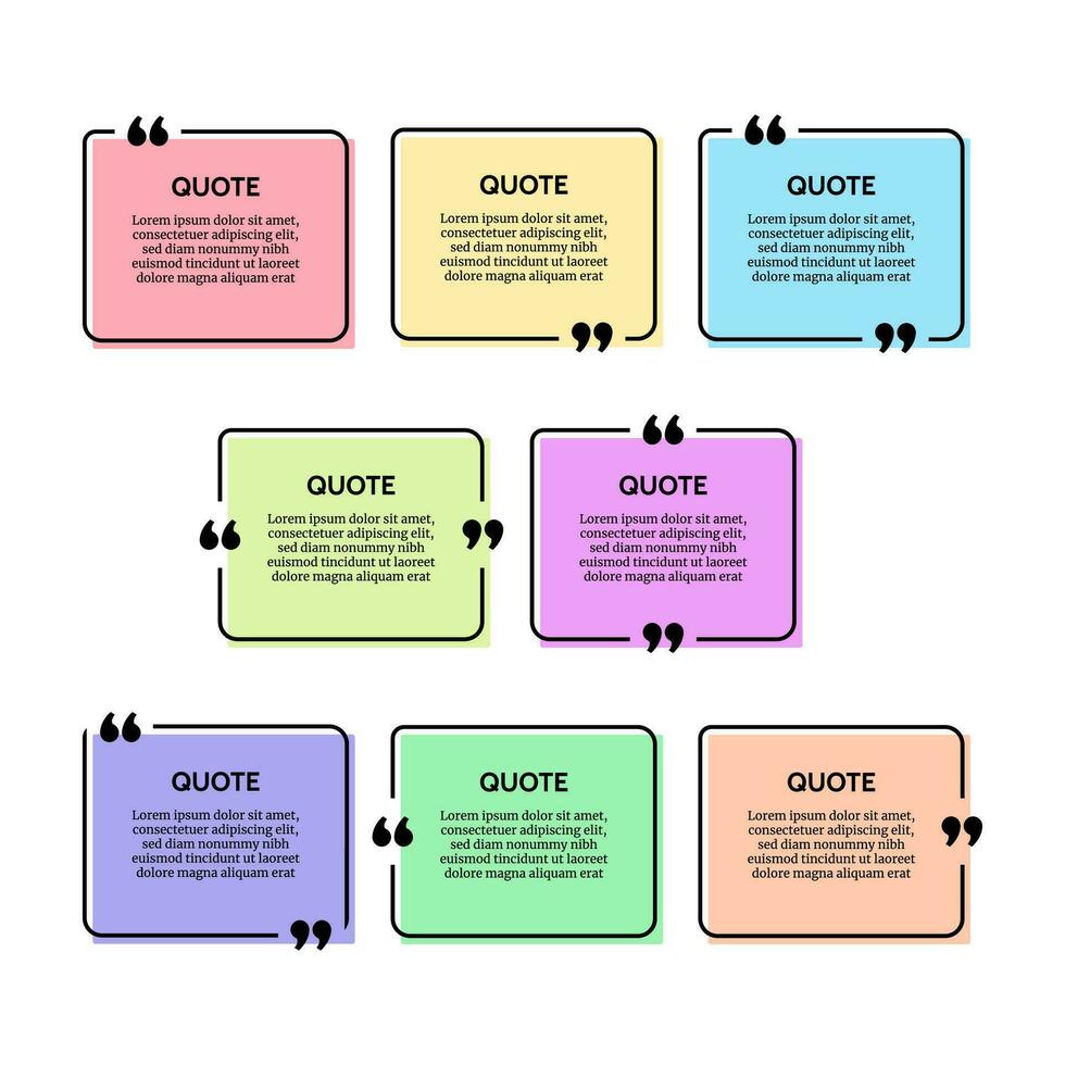 impostato di otto nero arrotondato rettangolare citazione scatola montatura su multicolore sfondi. vettore illustrazione