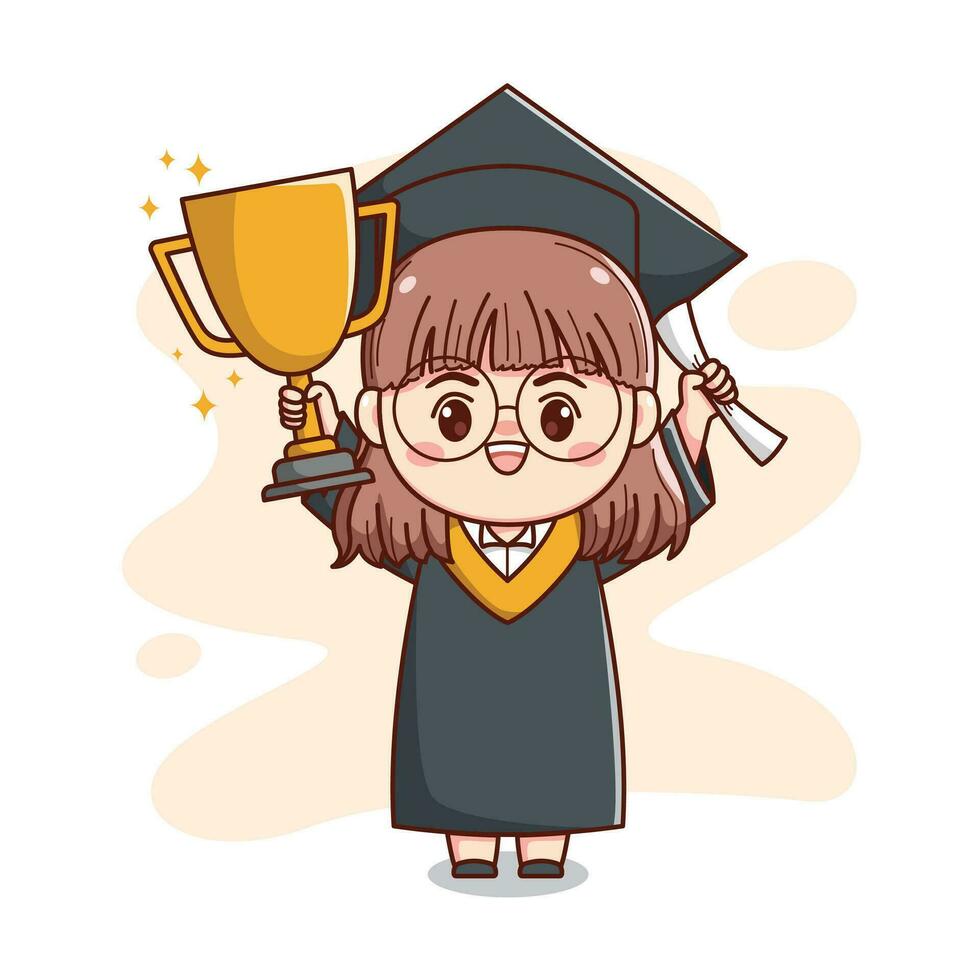 contento la laurea ragazza indossare bicchieri Tenere trofeo e carta carino kawaii chibi cartone animato vettore