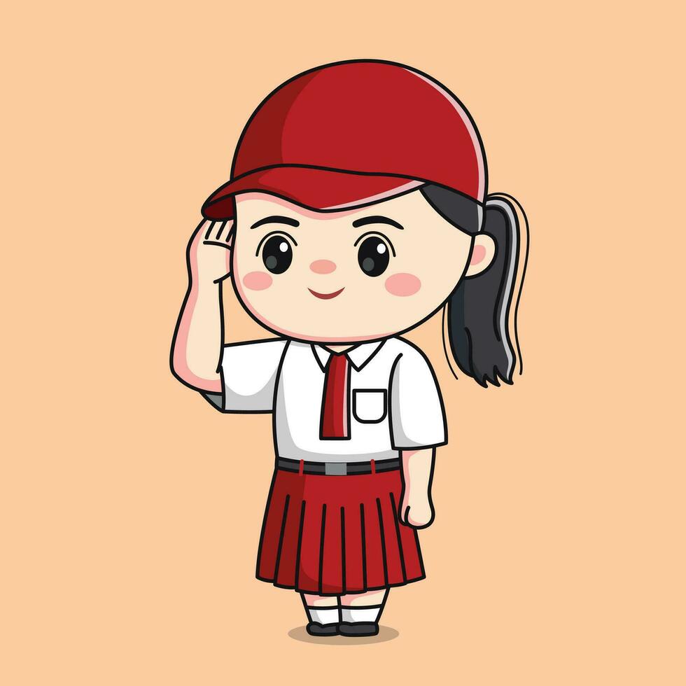 Indonesia elementare scuola alunno salutando carino ragazza chibi kawaii personaggio vettore
