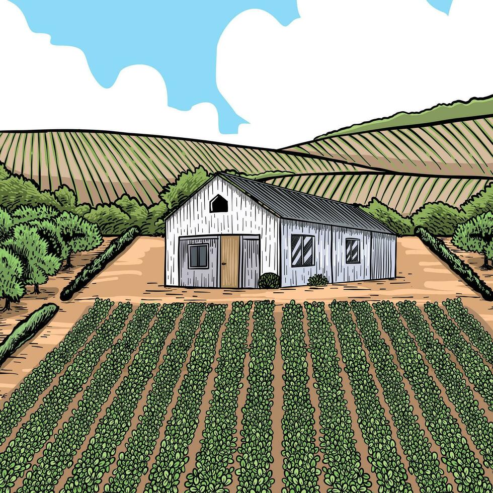 azienda agricola paesaggio con fienile nel Vintage ▾ stile. mano disegnato illustrazione vettore