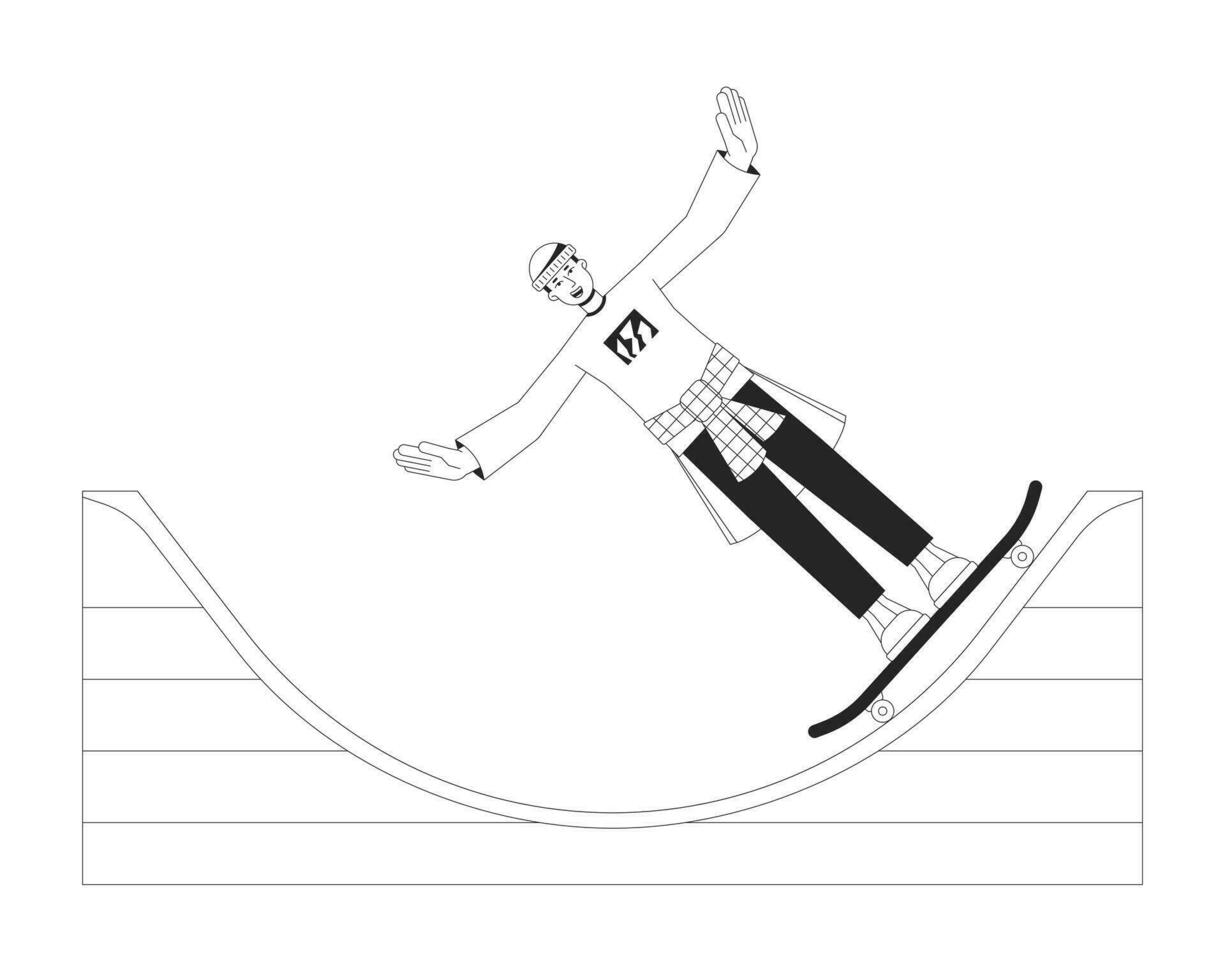 eccitato uomo su skateboard piatto linea nero bianca vettore carattere. modificabile schema pieno corpo pattinatore avere divertimento con skateboard. semplice cartone animato isolato individuare illustrazione per ragnatela grafico design