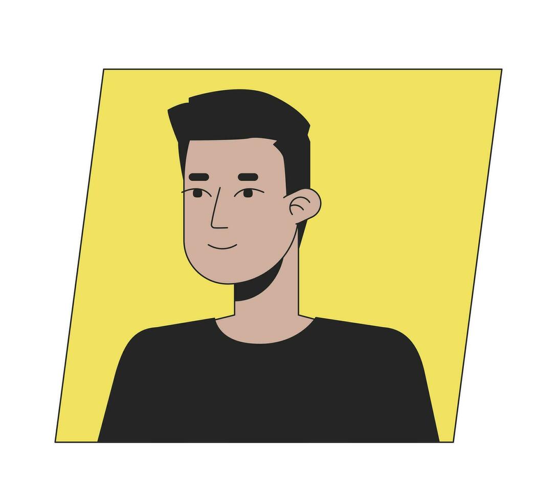 giovane indiano brunetta uomo piatto colore cartone animato avatar icona. modificabile 2d utente ritratto lineare illustrazione. isolato vettore viso profilo clipart. immagine utente, persona testa e le spalle