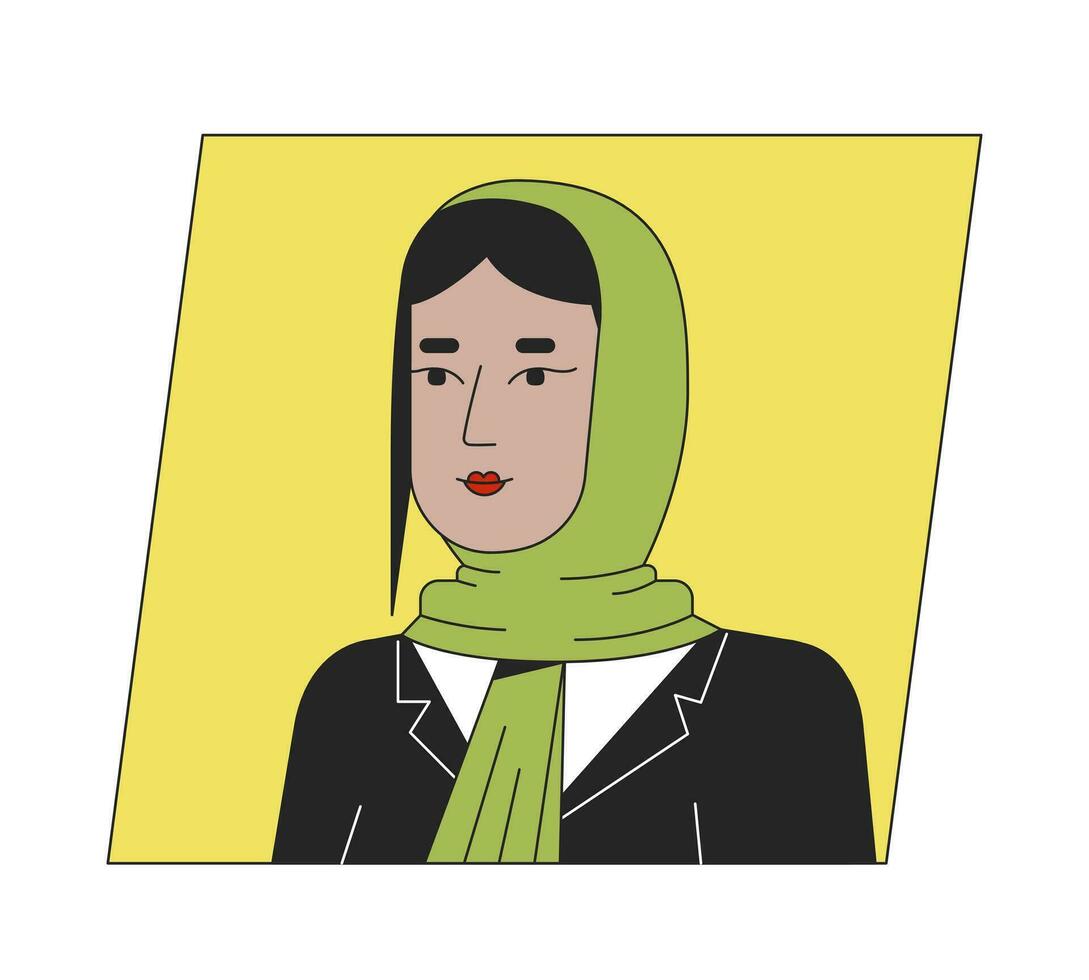 brunetta musulmano donna nel hijab piatto colore cartone animato avatar icona. modificabile 2d utente ritratto lineare illustrazione. isolato vettore viso profilo clipart. immagine utente, persona testa e le spalle