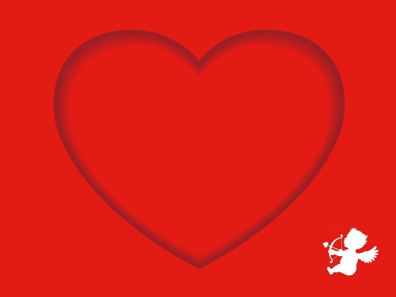 modello di carta vettoriale di san valentino con uno spazio di testo a forma di cuore incassato rosso e un cupido bianco che prende di mira il cuore su uno sfondo rosso