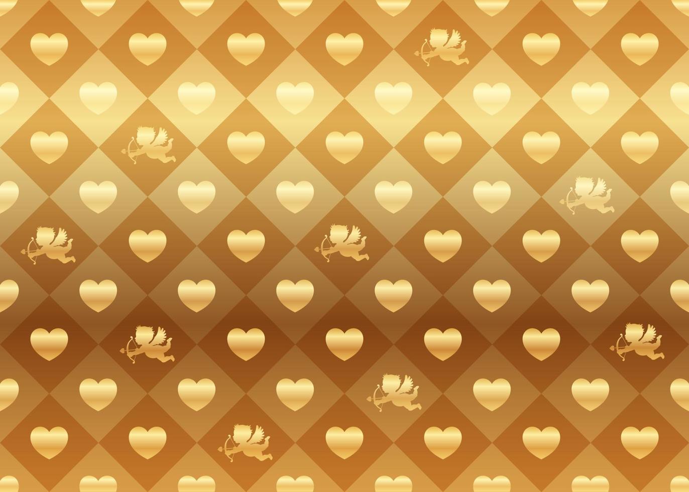 illustrazione di sfondo vettoriale senza cuciture ripetibile orizzontalmente e verticalmente di san valentino con forme di cuore d'oro e amorini