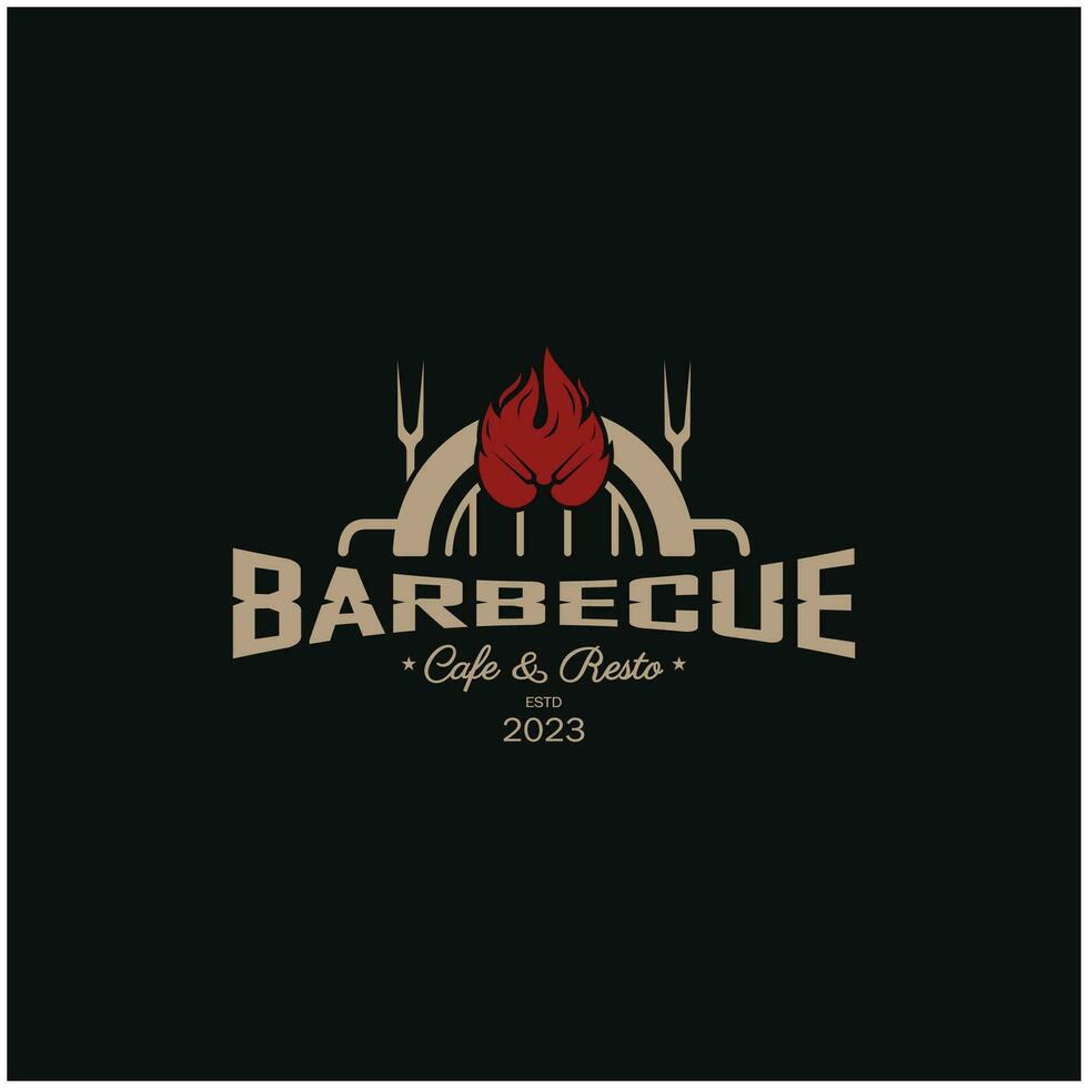 semplice barbecue Vintage ▾ caldo griglia, con attraversato fiamme e spatola. logo per ristorante, distintivo, bar e bar.vettore vettore