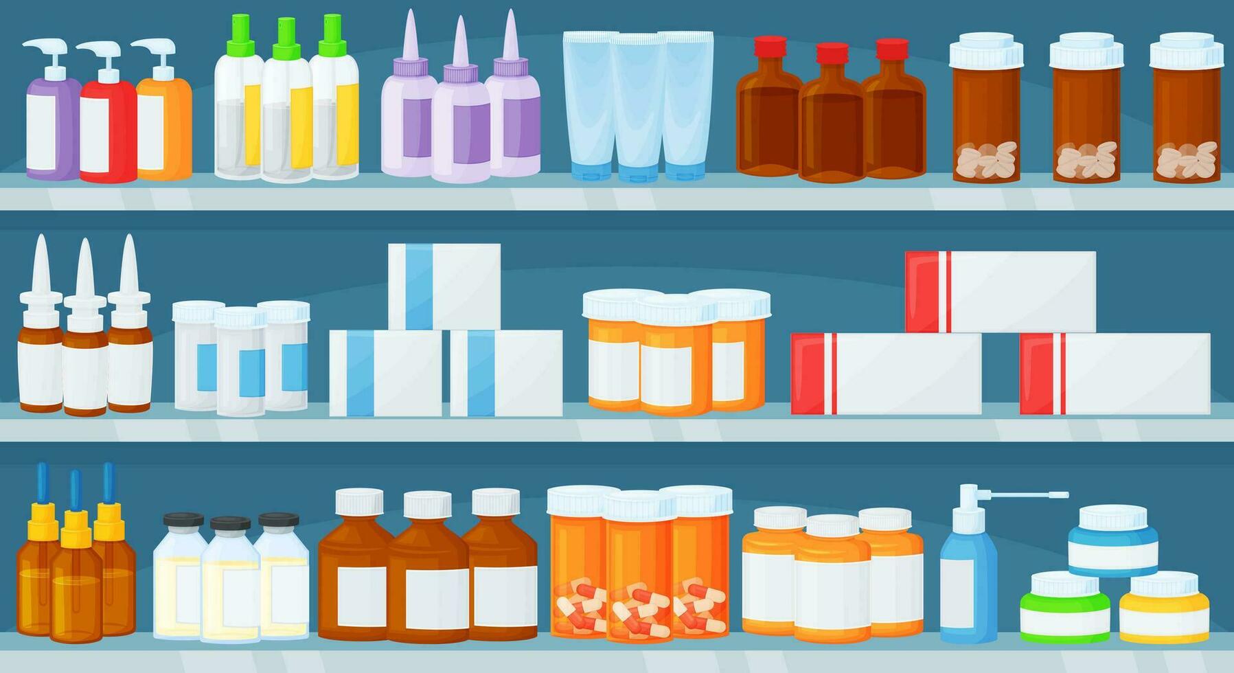cartone animato farmacia scaffali con medico prodotti e pillola bottiglie. medicinali, medico farmaci su farmacia mensola o vetrina vettore illustrazione