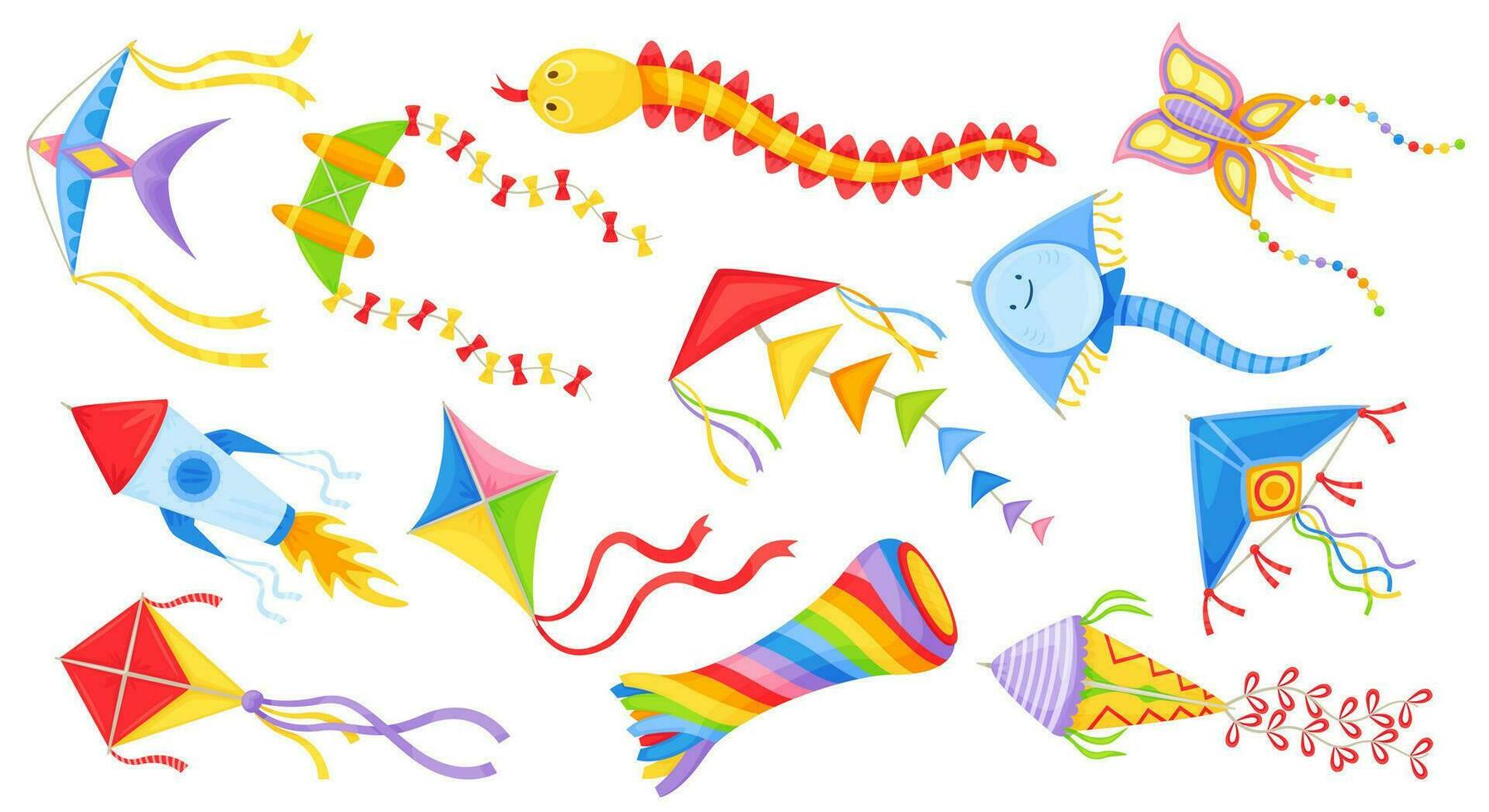 cartone animato volante aquiloni nel vario forme, colorato bambini vento giocattoli. la farfalla, diamante aquilone per Festival, all'aperto estate attività vettore impostato
