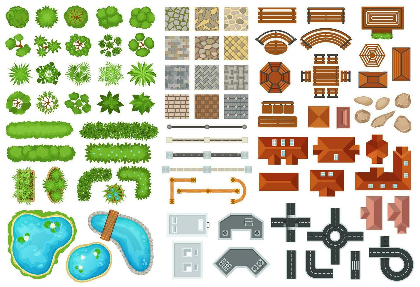 superiore Visualizza città elementi, alberi, strade, edifici, case, marciapiedi. cittadina strada architettura, arredamento, impianti per parco paesaggio vettore impostato